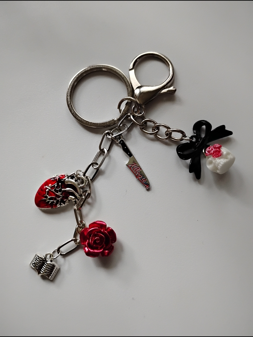 Red Rose & Skull Charm Keychain with Black Bow - Women Accessories